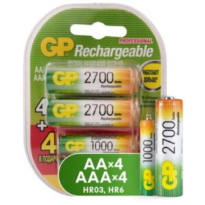 Аккумулятор Ni-Mh 2700 мА·ч 1.2 В GP Rechargeable 2700 Series AA + Rechargeable 1000 Series AAA, в упаковке: 8 шт.