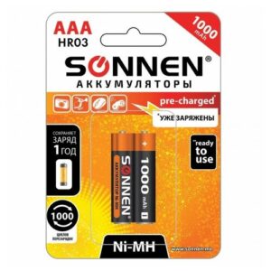 Аккумулятор Ni-Mh 1000 мА·ч 1.2 В SONNEN ААА (HR03), в упаковке: 2 шт.