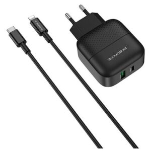 Сетевое зарядное устройство Borafone BA46A Premium (USB+Type-C) Quick Charger 3.0 (черный) + кабель Type-C-Lightning