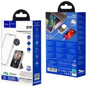 Магнитный аккумулятор HOCO Q10 PD20W Transparent 3-in-1, 5000mAh, с беспроводной зарядкой 15W, Белый+Прозрачный