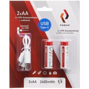 Аккумуляторная батарейка LI-ION рубин размер АА 1,5 В (2400mWh USB Type C) 2шт/блистер с кабелем