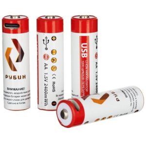 Аккумуляторная батарейка LI-ION рубин размер АА 1,5 В (2400mWh USB Type C) 4шт/блистер с кабелем