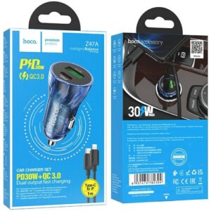 Автомобильное зарядное устройство HOCO Z47A Transparent discovery edition Type-C to Lightning Blue