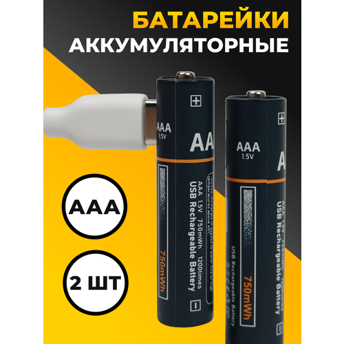 Аккумуляторные батарейки мизинчиковые AAA набор 2шт. / Заряжаемые аккумуляторы 750 мАч с кабелем Type-С