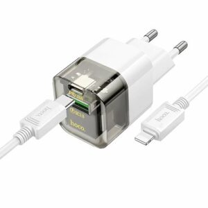 Сетевое зарядное устройство Hoco C131A, 1USB + 1Type-C, 30W QC3.0 PD, быстрая зарядка для Lightning 8-pin и Type-C, 1м, прозрачный черный.
