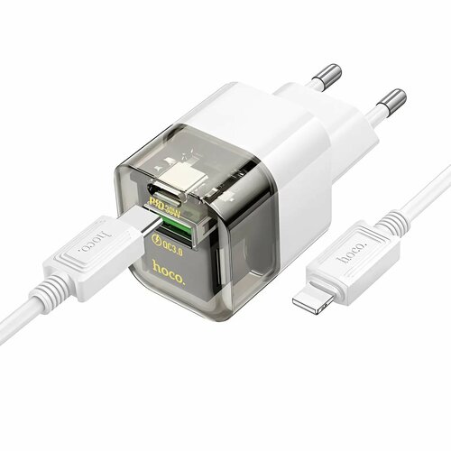 Сетевое зарядное устройство Hoco C131A, 1USB + 1Type-C, 30W QC3.0 PD, быстрая зарядка для Lightning 8-pin и Type-C, 1м, прозрачный черный.