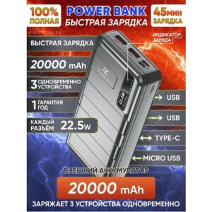 Внешний аккумулятор с быстрой зарядкой 20000 мАч, повербанк быстрый