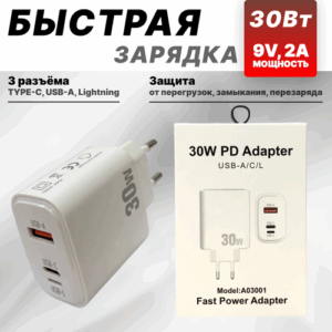 Зарядное устройство для iphone и Android / Адаптер питания с быстрой зарядкой 30W
