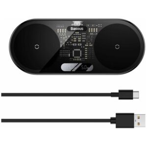Беспроводное зарядное устройство BASEUS Digital LED Display 2in1 20W, с кабелем, черный (WXSX010001)