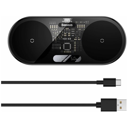Беспроводное зарядное устройство BASEUS Digital LED Display 2in1 20W, с кабелем, черный (WXSX010001)