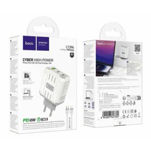 Зарядное устройство Hoco C139A Rock PD65W + QC3.0, кабель Tipe-C to lightning, белое