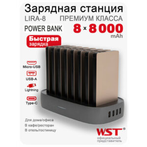 Зарядная станция для внешних аккумуляторов WST Lira 8 Business (Встроенные провода type-c, micro usb, lighting)