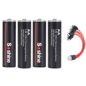 Soshine Аккумуляторные батарейки AA, 1.5 V, 2600 mWh, 4 шт с зарядкой от USB кабеля.