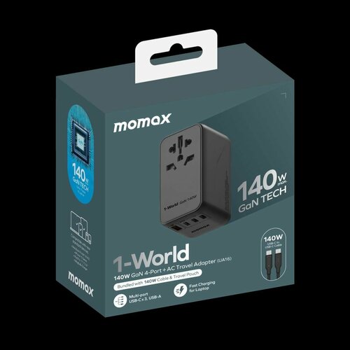 Зарядное устройство сетевое, универсальное Momax UA16GSD 1-World 140W GaN, 3xType-C + 1xUSB-A - (Black)