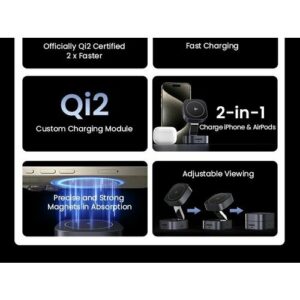 Зарядное устройство магнитное беспроводное 2-в-1 UGREEN W702 (35316) для Iphone/AirPods 15WQi2. Цвет: серый космос