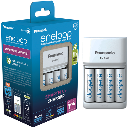 Зарядное устройство Panasonic Eneloop K-KJ55MCD40E SmartPlus Charger + 4 аккумулятора Eneeloop BK-4MCDE, АА, 2000мАч