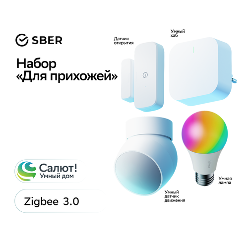 Комплект девайсов Умный дом Sber. Набор для прихожей (Хаб Zigbee, Датчик движения, датчик открытия, умная лампа)