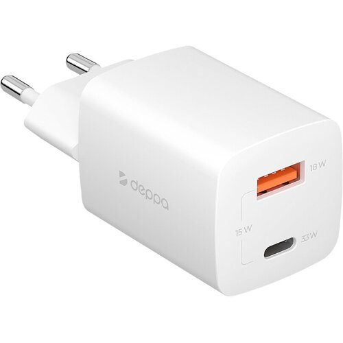 Зарядное устройство для телефона USB-C + USB A, PD 3.0, QC 3.0, GaN, 33Вт, белый, Deppa 11432-OZ/ Без заводской упаковки