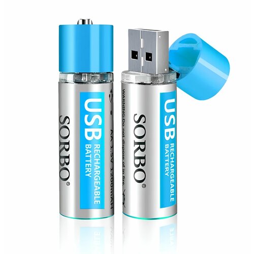 Аккумуляторные перезаряжаемые батарейки АА Sorbo 1.5V 1200 мАч, литиевые с USB зарядкой, комплект 2 штуки в кейсе