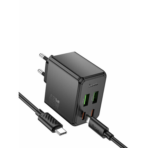 Сетевое зарядное устройство Hoco CS19A, 2 USB-A, 2 Type-C PD65W быстрая зарядка с кабелем Type-C, цвет Черный