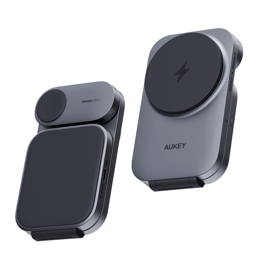 Беспроводное зарядное устройство Aukey MC312 3 in 1 Travel Qi2 MagFusion Серый Type-C (RU)