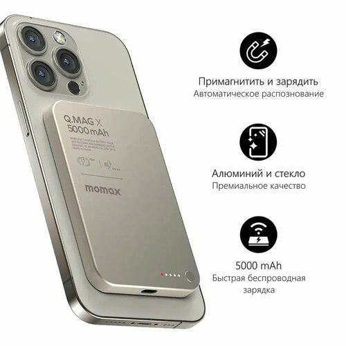 Внешний аккумулятор повербанк беспроводной (MagSafe) PowerBank Momax Q.Mag X 5000 mAh 15W, Ультратонкий / Серый