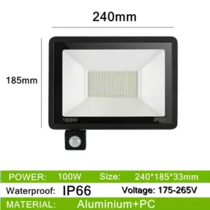 LED Floodlights PIR Motion Sensor 200W 150W 100W 50W 30W 20W 10W IP66 Waterproof AC175V-265V LED Hanging Exterior Outdoor