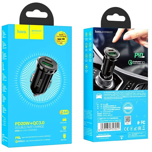 Автомобильное зарядное устройство быстрое PD+QC 3.0 USB+USB Type-C Hoco Z44 Leading - Черное