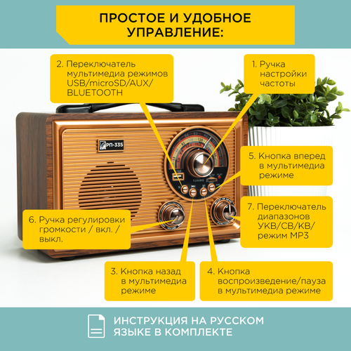 Ретро радиоприемник БЗРП РП-335 с встроенным аккумулятором / Bluetooth 5.0 / УКВ, СВ, КВ / FM / поддержка MP3, воспроизведение с USB / microSD