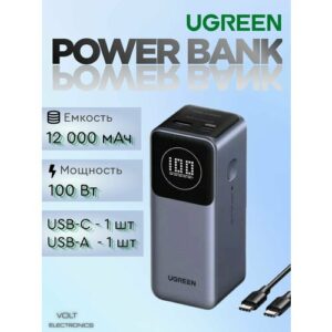 Внешний аккумулятор Ugreen PD 12000mAh,100W, PB724 (35526), с кабелем в комплекте, серый.