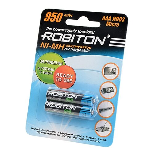 Аккумулятор Ni-Mh 950 мА·ч 1.2 В ROBITON AAA R03 Micro 950, 2 шт.