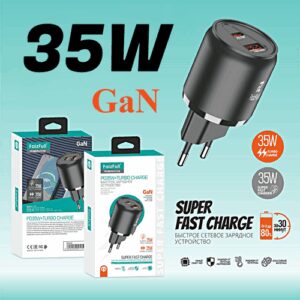 Зарядка Type C, Type-A, GaN зарядка 35W, для IOS, Android, блок питания, быстрая зарядка, зарядка для айфона, 2 разъёма