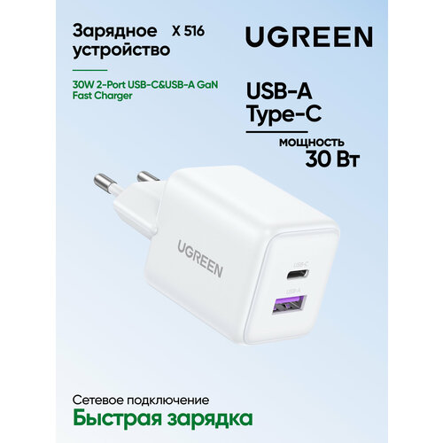 Сетевое зарядное устройство UGREEN X516 (65015) 30W 2-Port USB-C&USB-A GaN Fast Charger EU. Цвет: белый