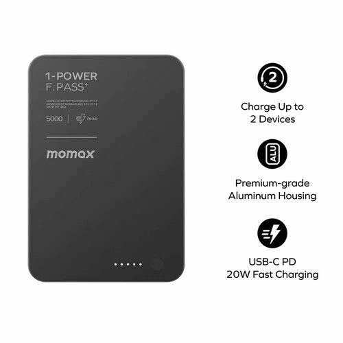 Портативное зарядное устройство Momax 1-Power F. Pass+ 5000mAh с встроенным кабелем Type-C - Black