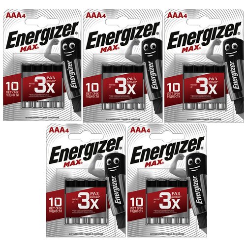 Energizer Max Батарейки щелочные (алкалиновые) тип AAА/LR03, 1.5V, 20 шт (5 блистеров из 4шт.)/Мизинчиковые батарейки
