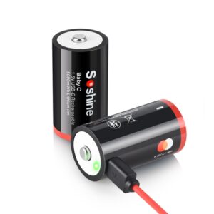Soshine Аккумуляторные батарейки тип С 1.5V, 5000 mWh, 2 шт с зарядкой от USB кабеля.