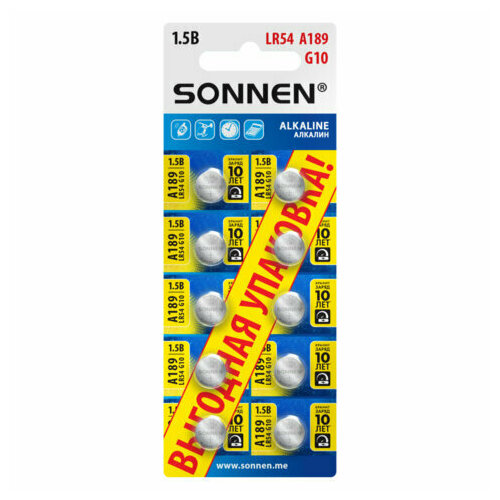 Батарейки алкалиновые "таблетка" комплект 10 шт, SONNEN Alkaline 189A (G10, LR54), в блистере, 457136, 3 упаковки