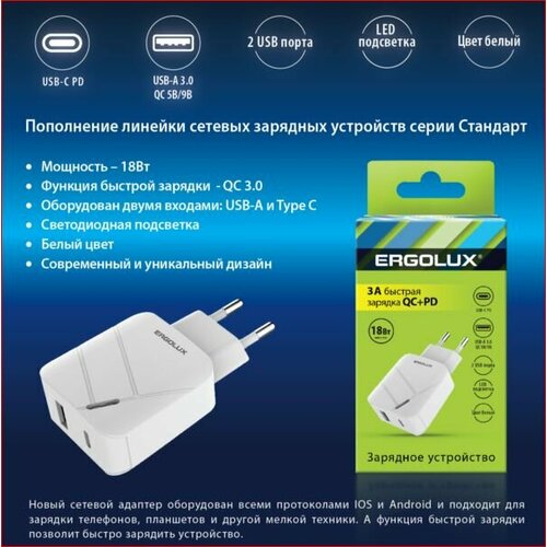 Зарядное устройство ERGOLUX, быстрая зарядка, USB Type-C, 18 Вт, подсветка