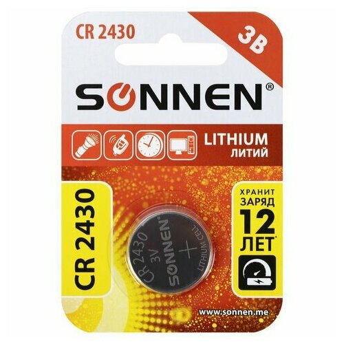 Батарейка литиевая SONNEN Lithium CR2430 "таблетка, дисковая, кнопочная" 1 шт, блистер, 455600