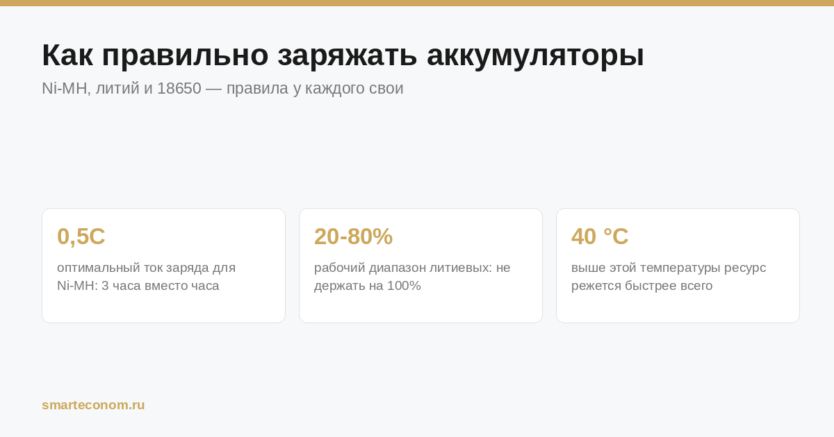 Правила зарядки: ток для Ni-MH, диапазон для литиевых и предельная температура